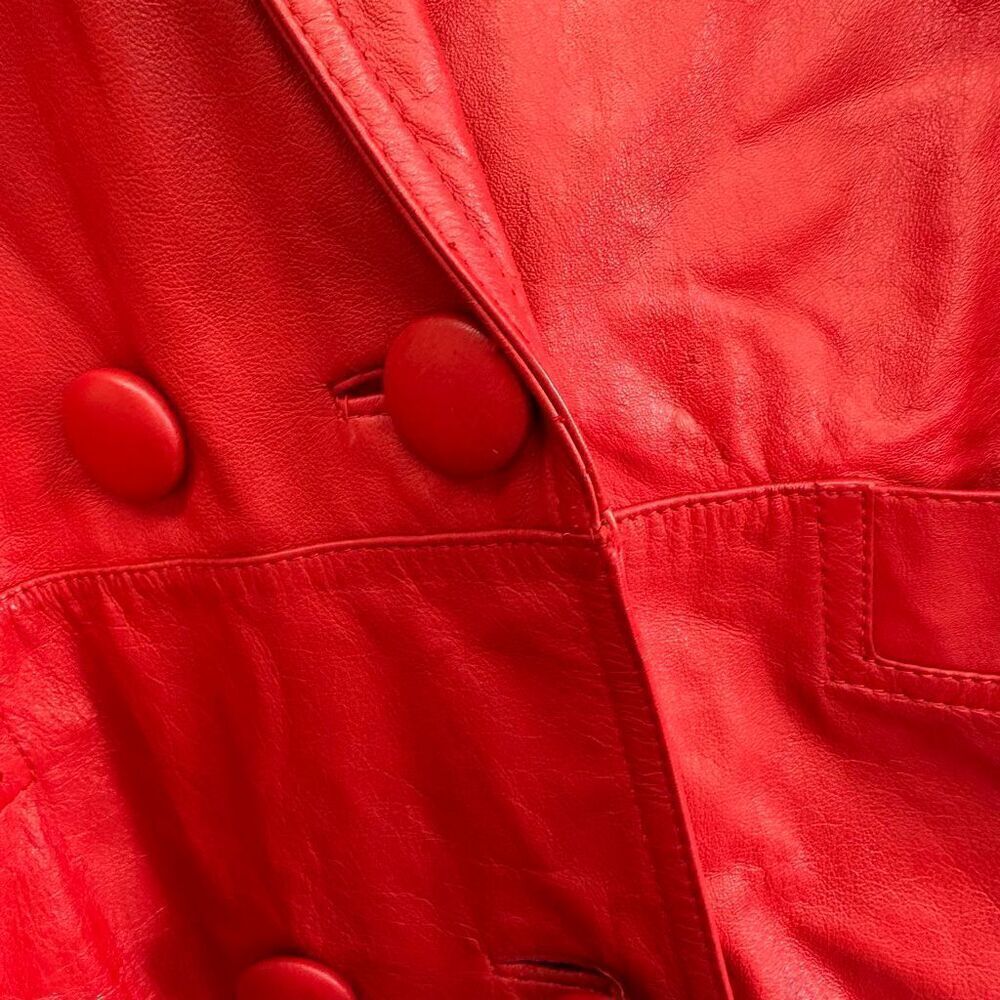 Wilsons Leather Women’s Bright Red Vintage 80s Double Breasted Leather Trench Co - Picture 7 of 16